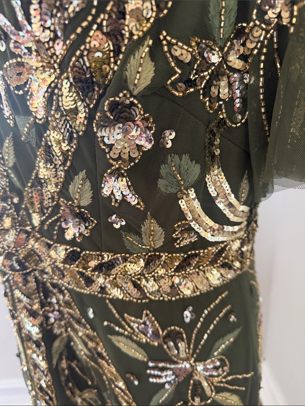 Adrianna Papell Olive Green Maxi Gown with Gold Beading - sold out - Picture 9 of 16
